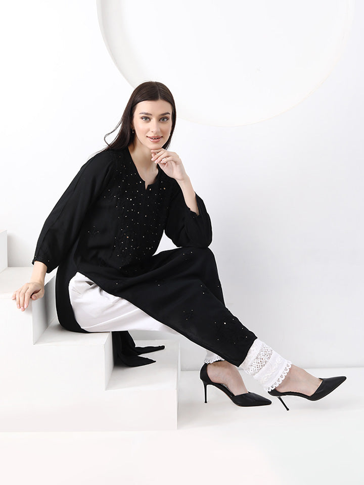 Ulfat Rayon Mukaish Chikankari Kurti- Black