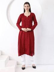 Ulfat Rayon Mukaish Chikankari Kurti- Maroon