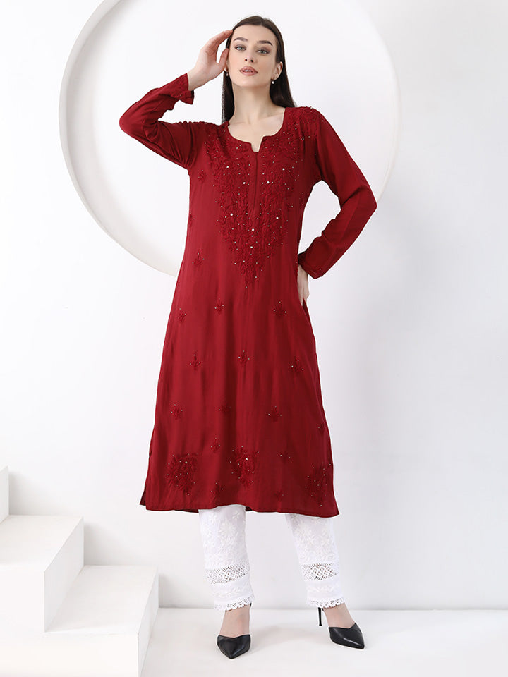 Ulfat Rayon Mukaish Chikankari Kurti- Maroon