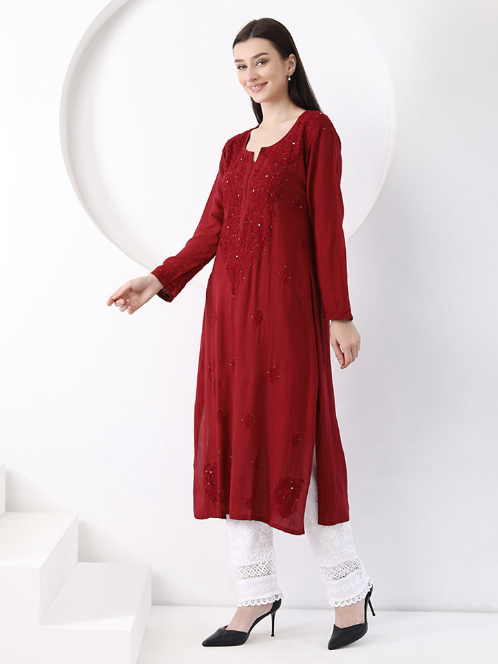 Ulfat Rayon Mukaish Chikankari Kurti- Maroon