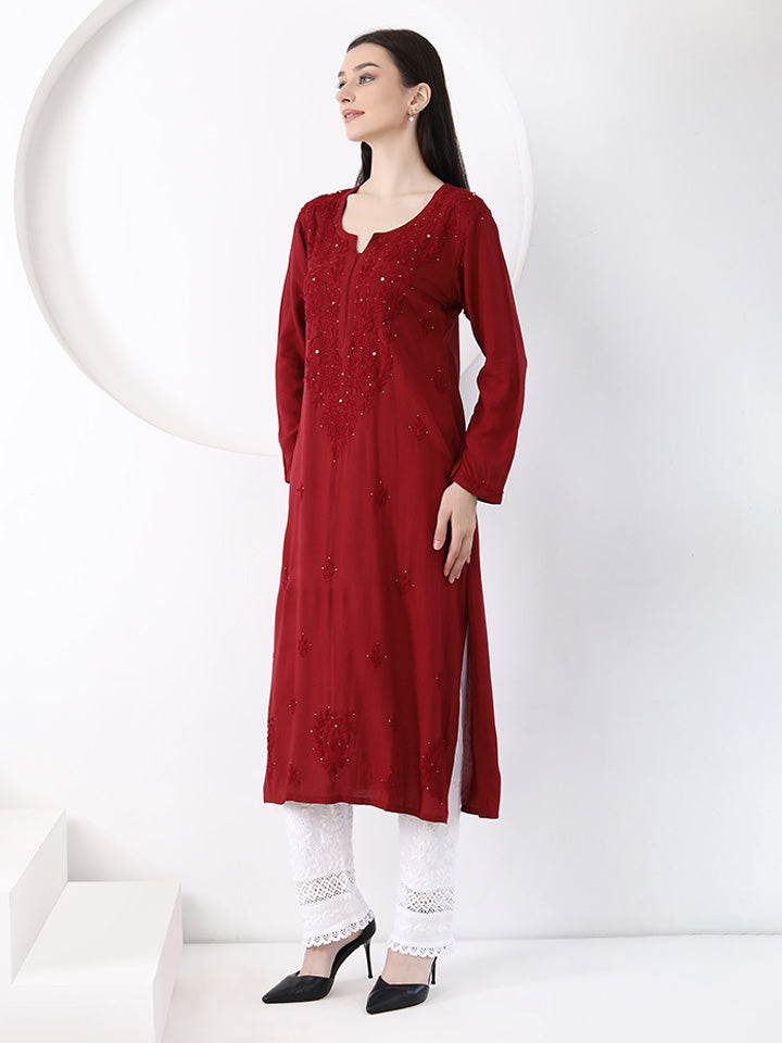 Ulfat Rayon Mukaish Chikankari Kurti- Maroon