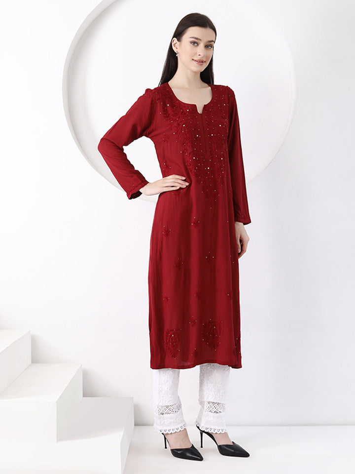 Ulfat Rayon Mukaish Chikankari Kurti- Maroon