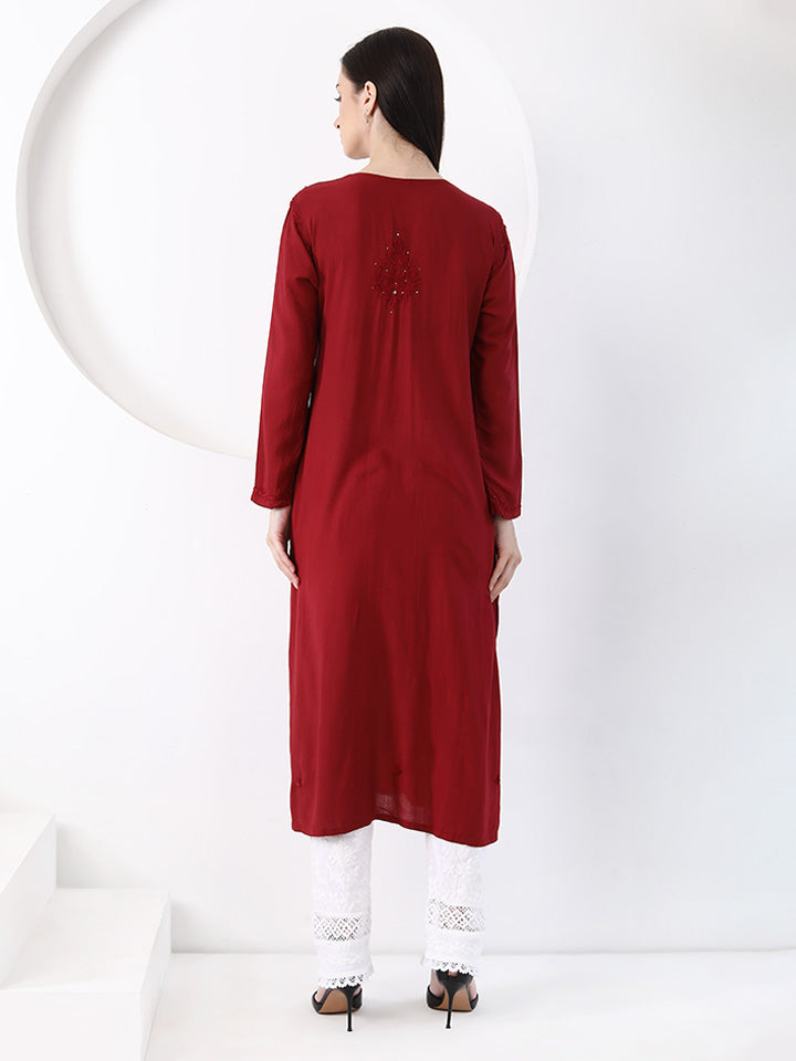 Ulfat Rayon Mukaish Chikankari Kurti- Maroon