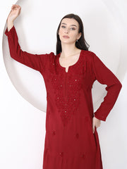 Ulfat Rayon Mukaish Chikankari Kurti- Maroon