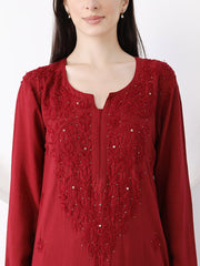 Ulfat Rayon Mukaish Chikankari Kurti- Maroon
