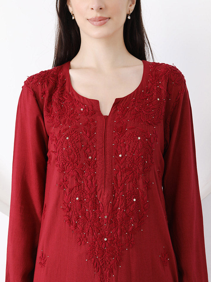 Ulfat Rayon Mukaish Chikankari Kurti- Maroon