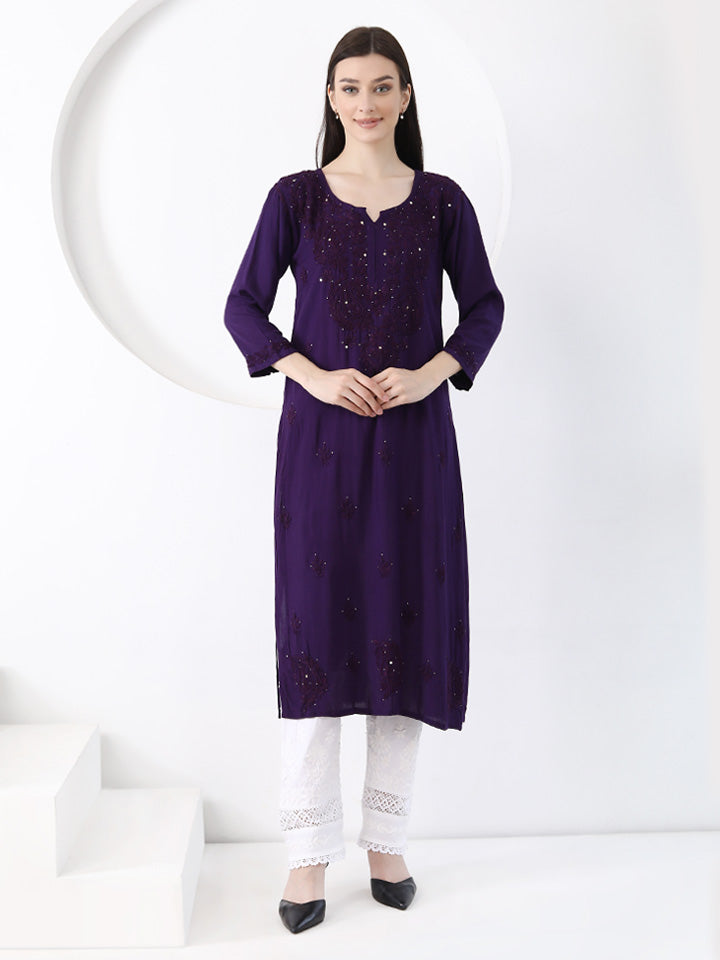 Ulfat Rayon Mukaish Chikankari Kurti- Purple