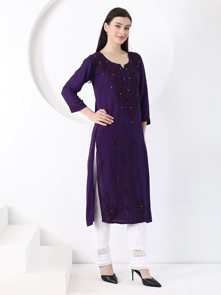 Ulfat Rayon Mukaish Chikankari Kurti- Purple