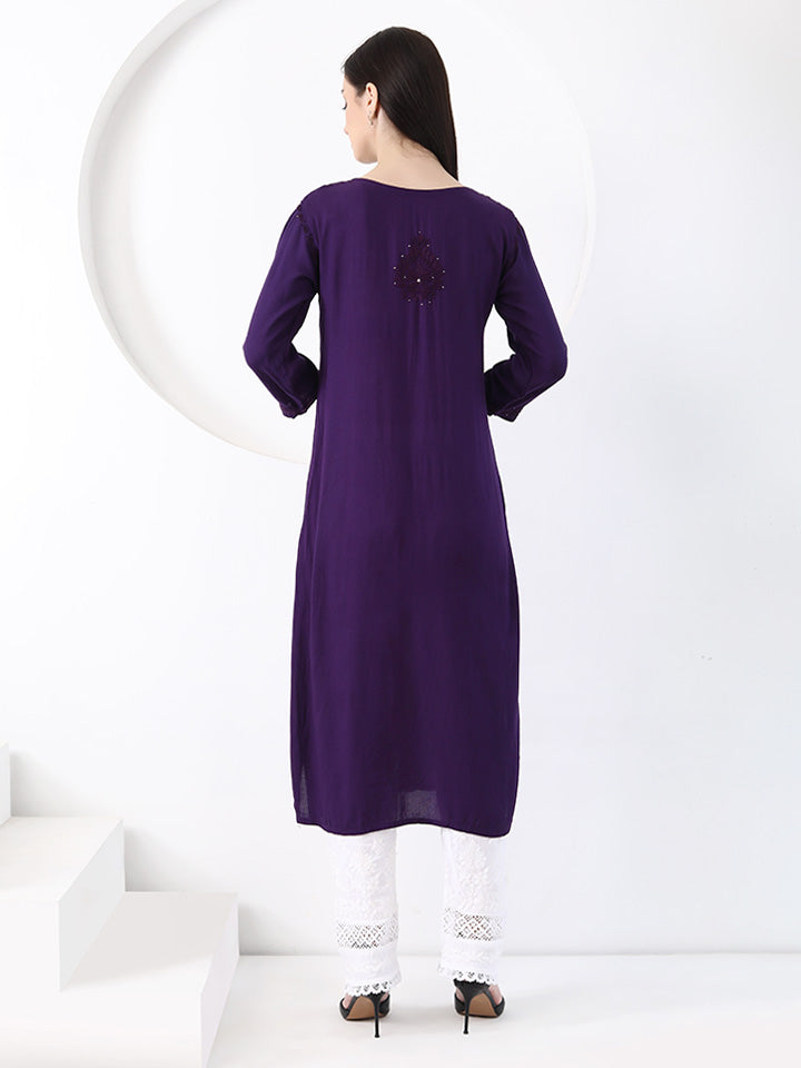Ulfat Rayon Mukaish Chikankari Kurti- Purple