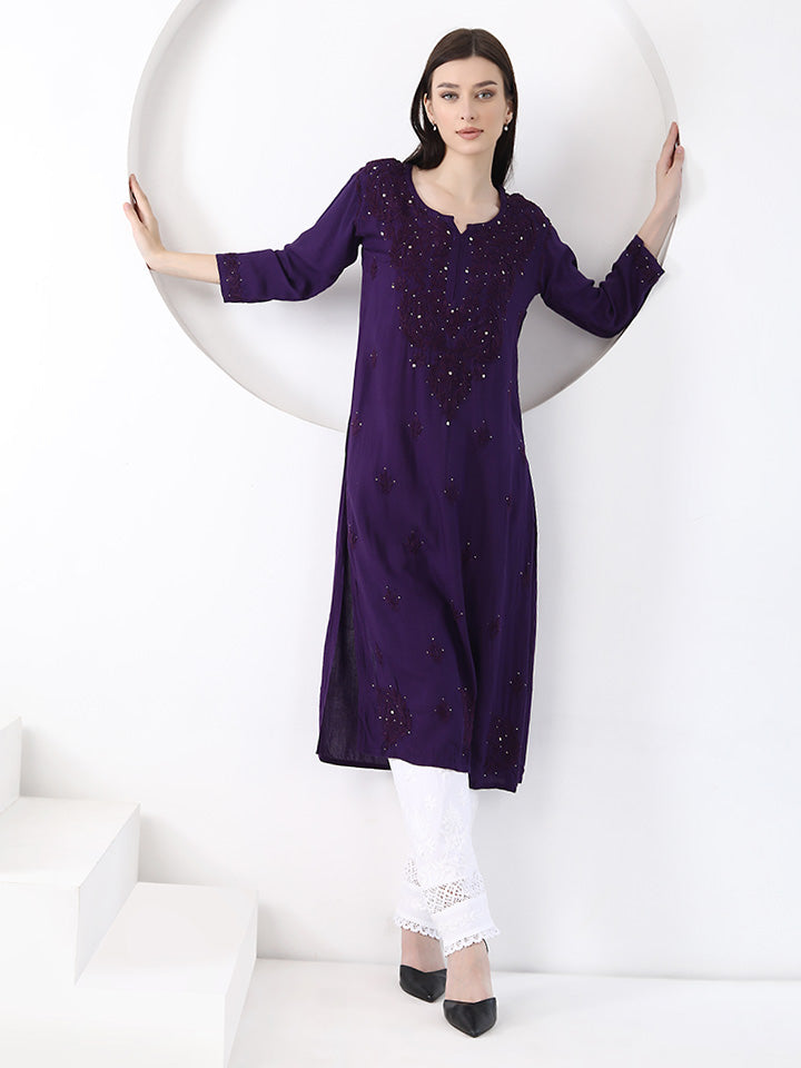 Ulfat Rayon Mukaish Chikankari Kurti- Purple