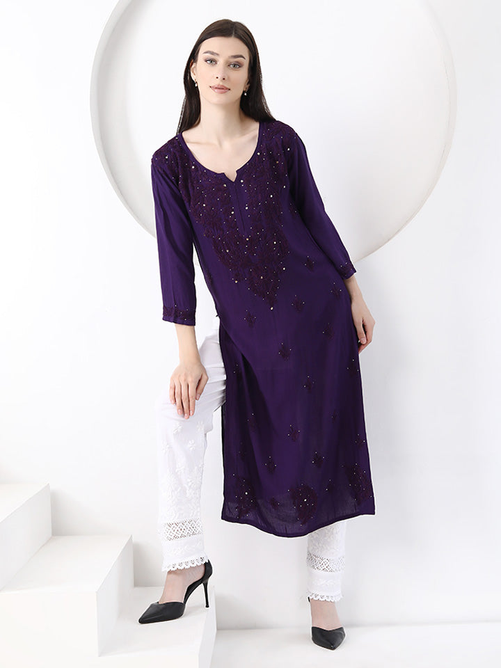 Ulfat Rayon Mukaish Chikankari Kurti- Purple