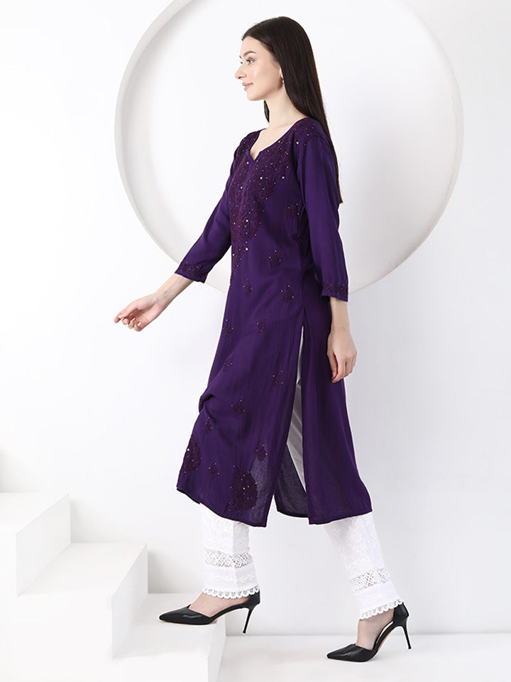 Ulfat Rayon Mukaish Chikankari Kurti- Purple
