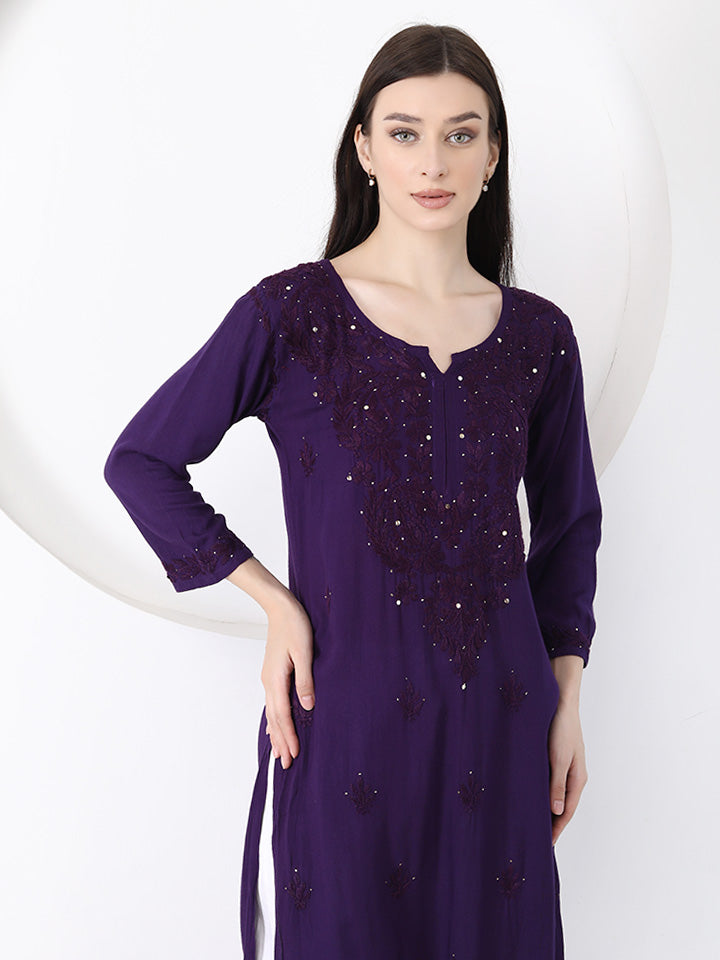 Ulfat Rayon Mukaish Chikankari Kurti- Purple