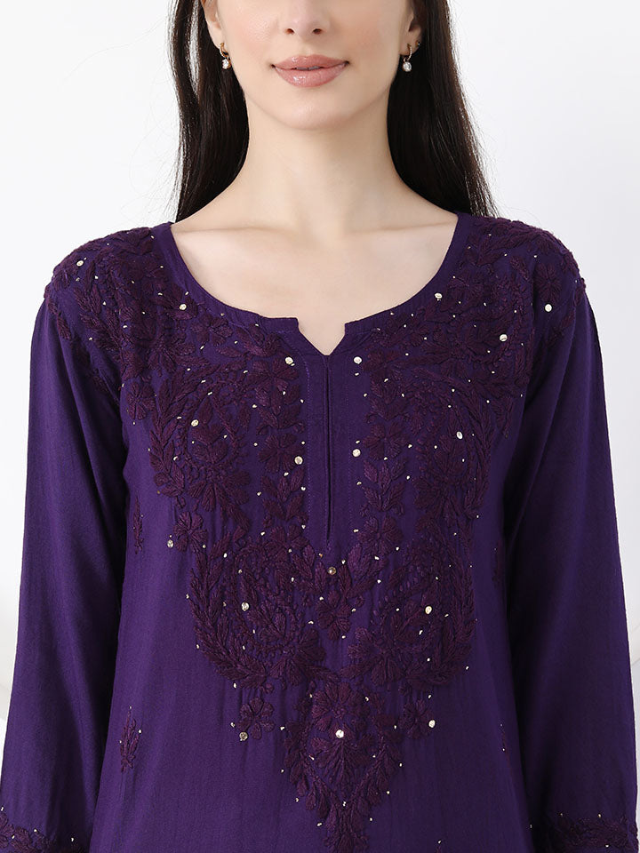 Ulfat Rayon Mukaish Chikankari Kurti- Purple
