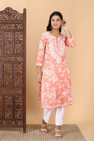 Zainab Chikankari Mulmul Straight Kurti Orange