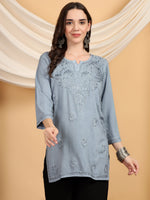 Load image into Gallery viewer, Kashti Rayon Chikankari Short Kurti Grey
