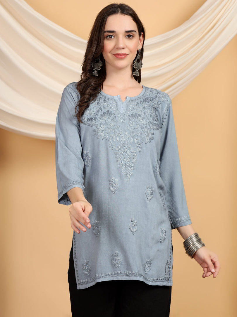 Kashti Rayon Chikankari Short Kurti Grey