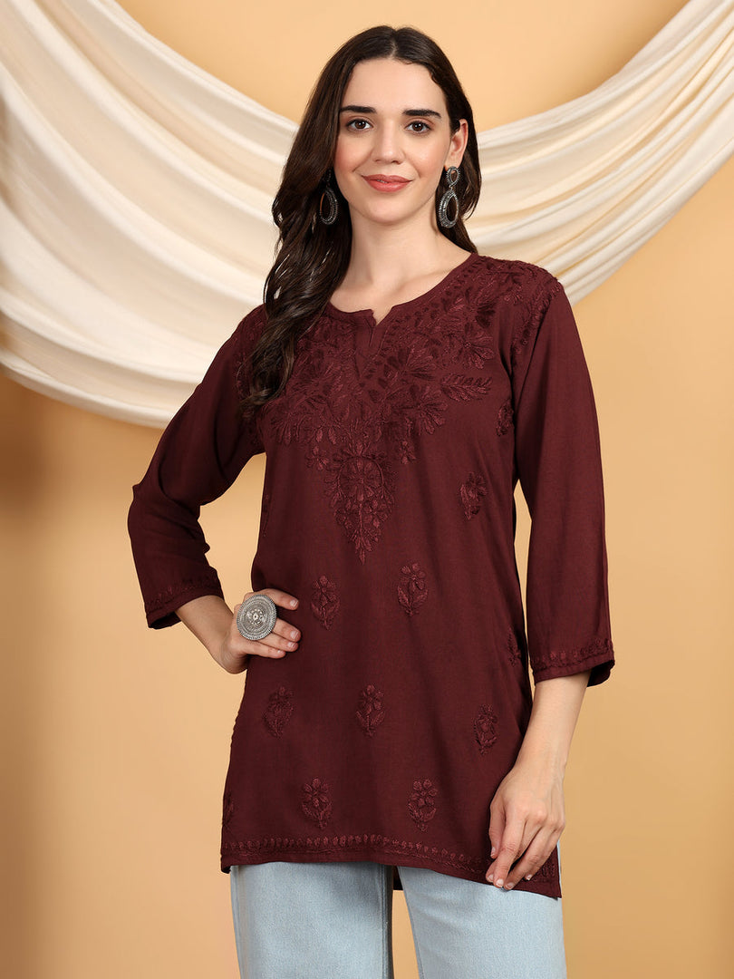 Kashti Rayon Chikankari Short Kurti Matalic-Brown