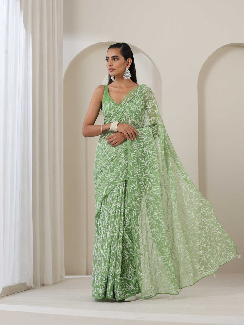 Tepchi Handwork Georgette Chikankari Saree Pastal-Green