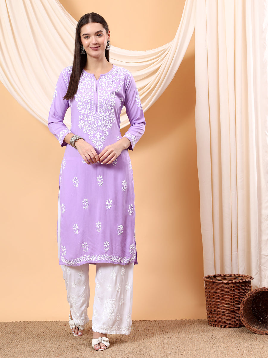 Heer Rayon Chikankari Long Kurta Lavender