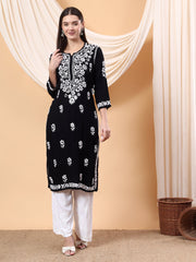 Heer Rayon Chikankari Long Kurta Black