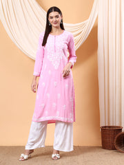 Heer Rayon Chikankari Long Kurta Baby Pink