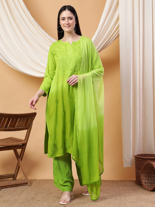 Bahar Ombre Dyed Chikankari Set Parrot-Green Rayon