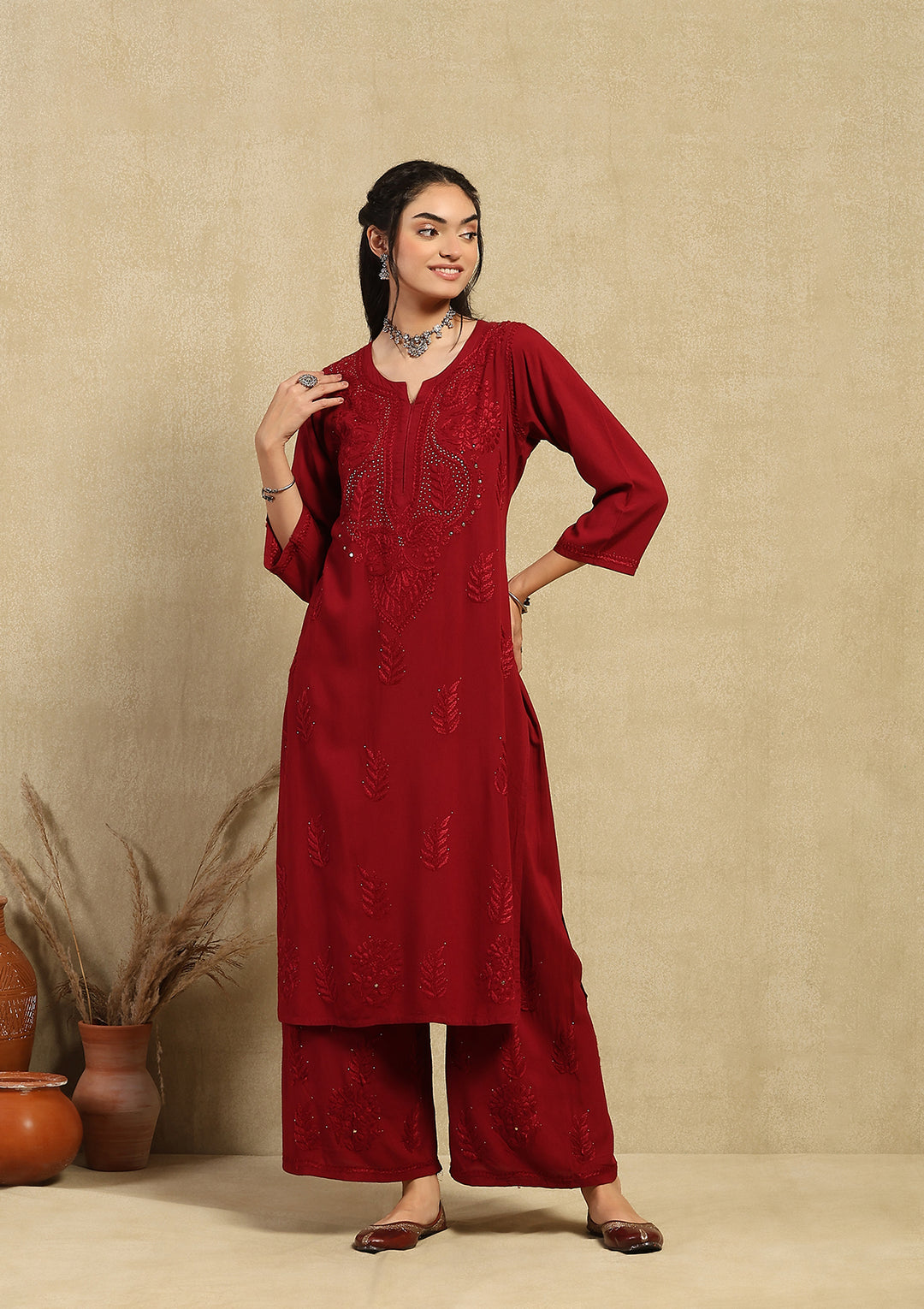 Kalira Rayon Mukaish Chikankari Kurti Set-Maroon
