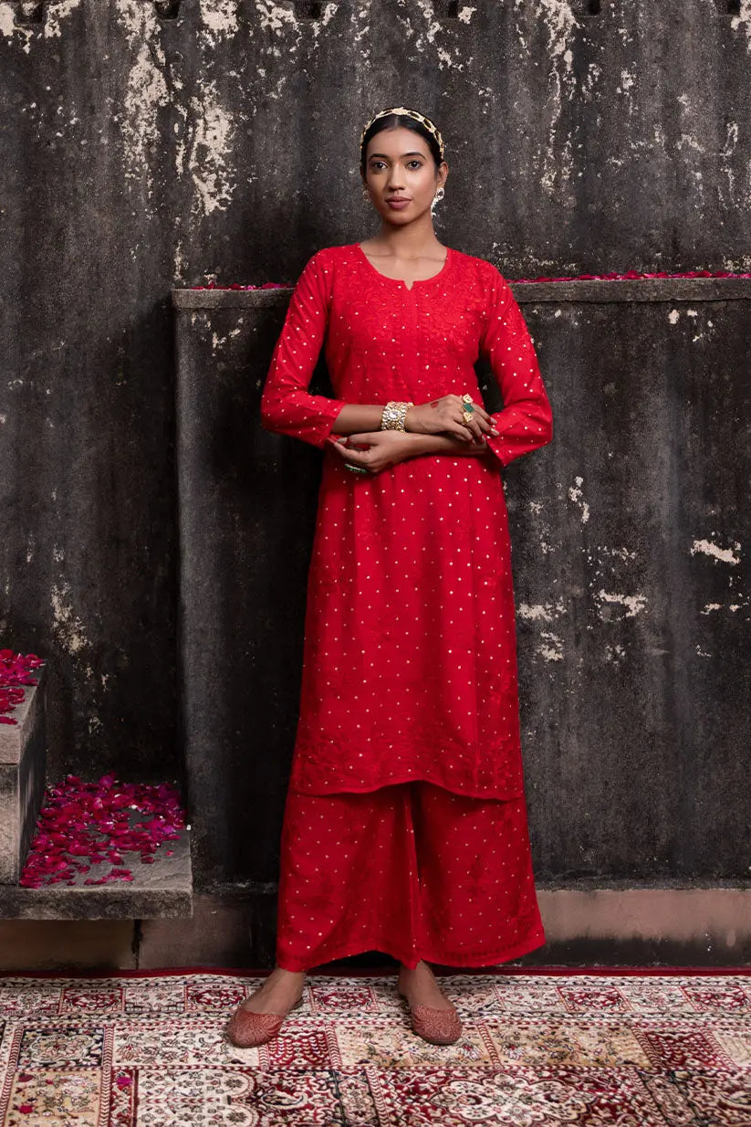 Sona Chanderi Chikankari Kurti Set