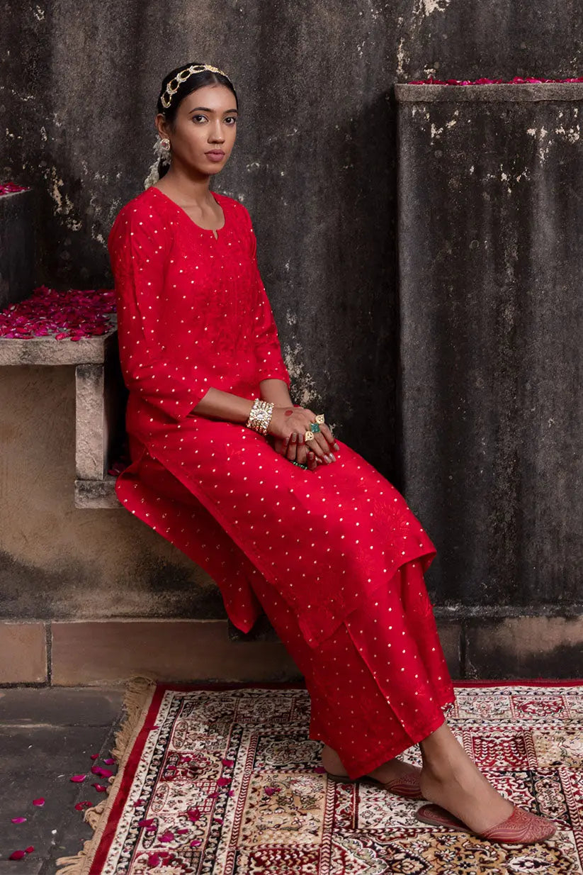 Sona Chanderi Chikankari Kurti Set