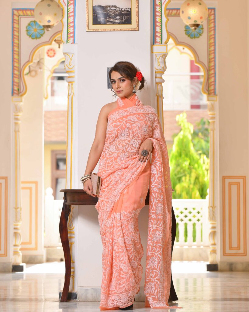 Gulzar Full Jaal Chikankari Saree Peach
