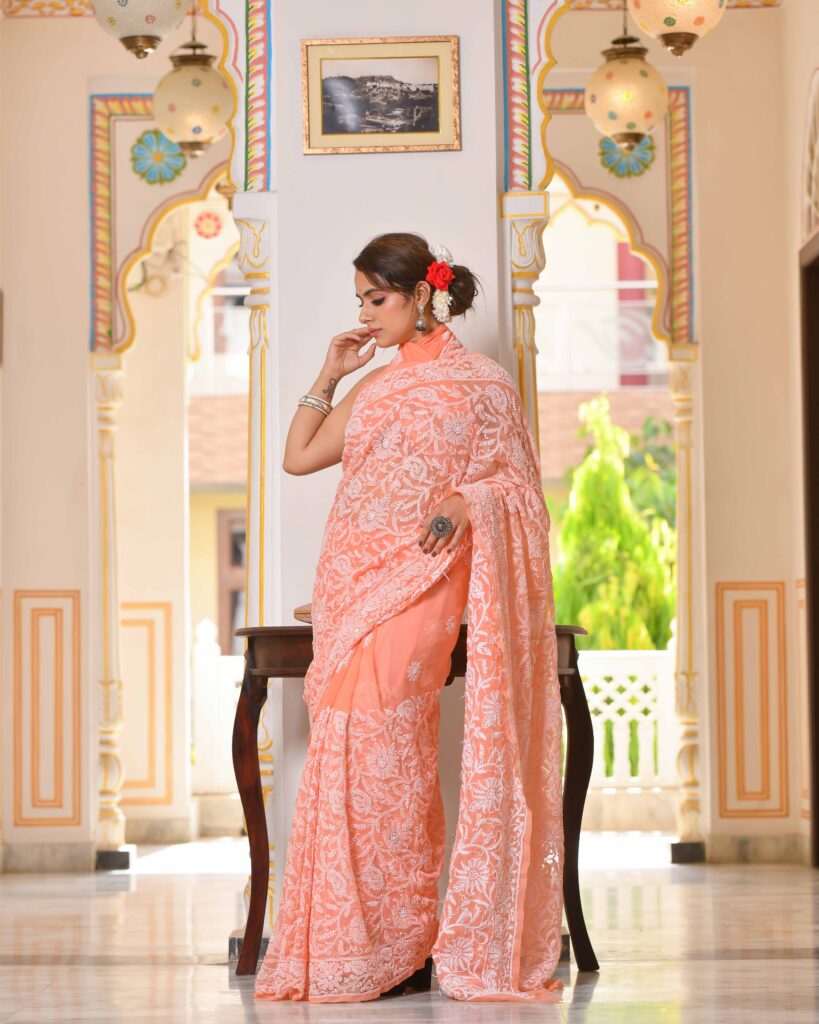 Ada Hand Embroidered Carrot Pink Faux Georgette Lucknow Chikan Women Saree  With Blouse - A204484 - Ada - 3335697