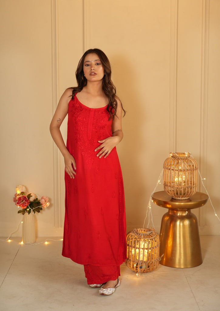 Parinoor Chanderi Cotton Chikankari Kurti Set
