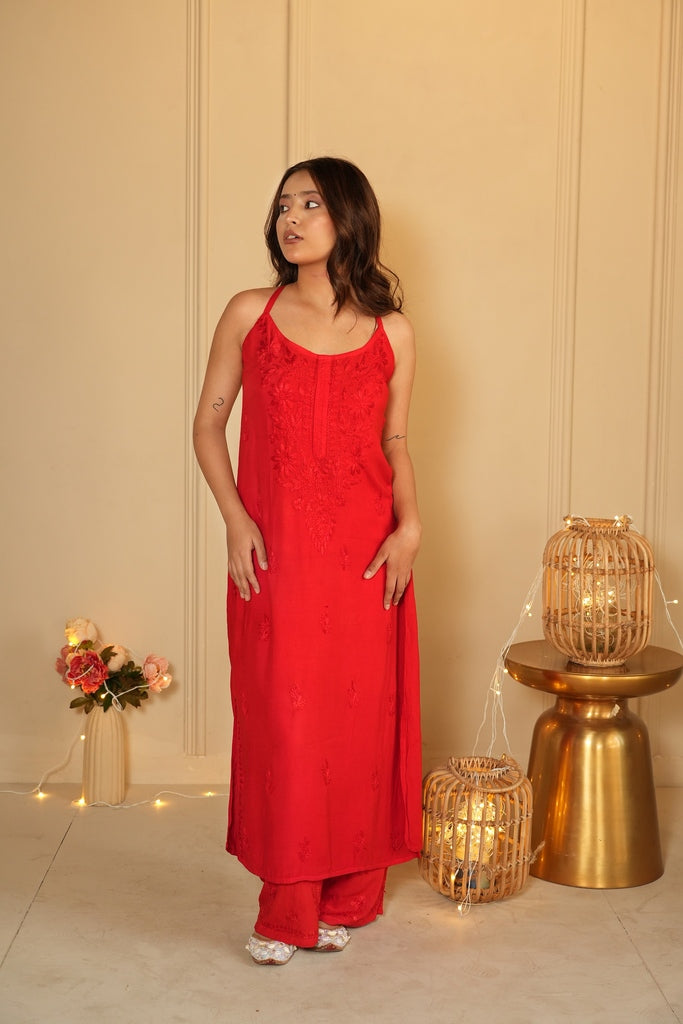 Parinoor Chanderi Cotton Chikankari Kurti Set
