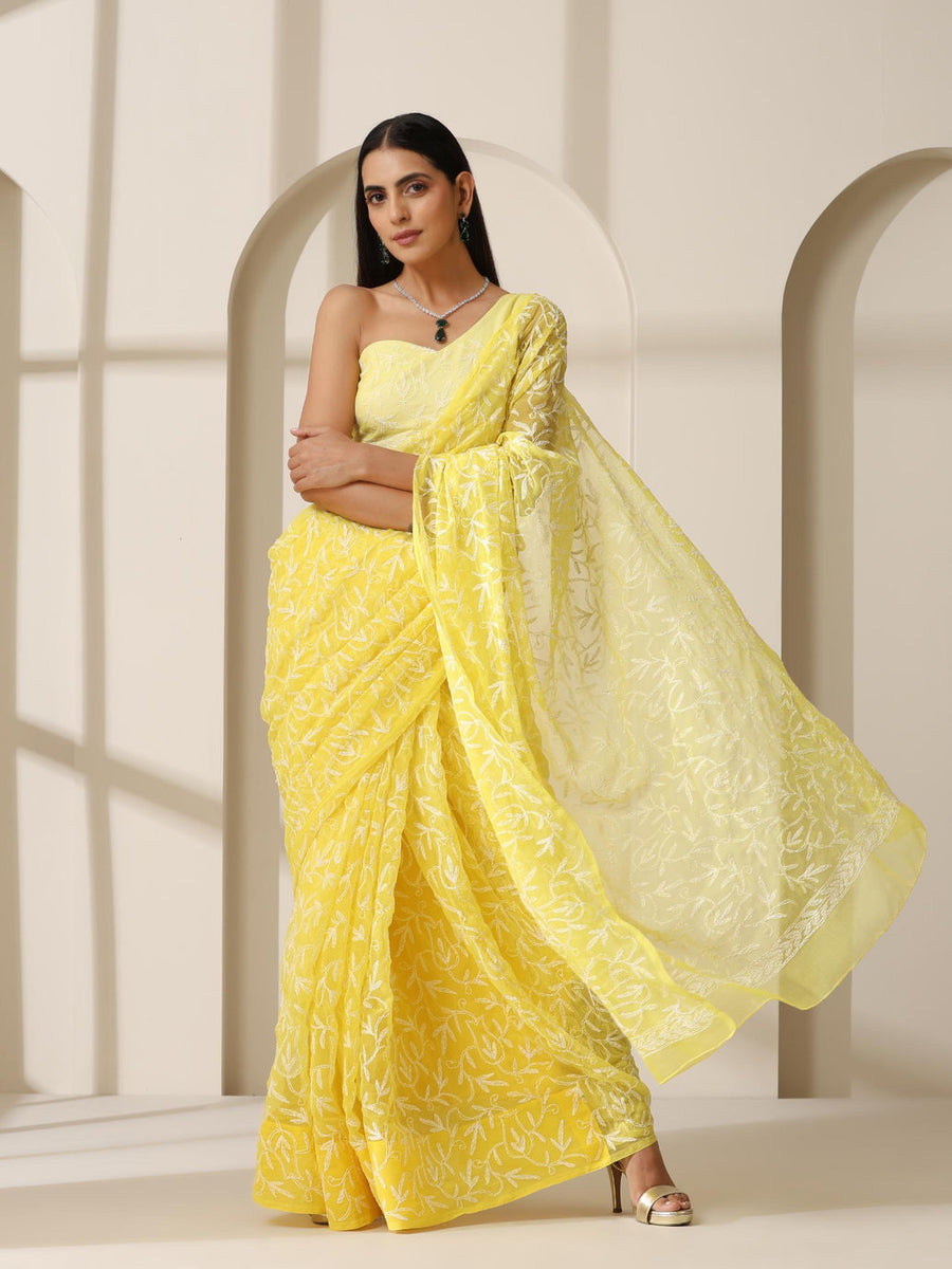 Tepchi Handwork Georgette Chikankari Saree Lemon Yellow