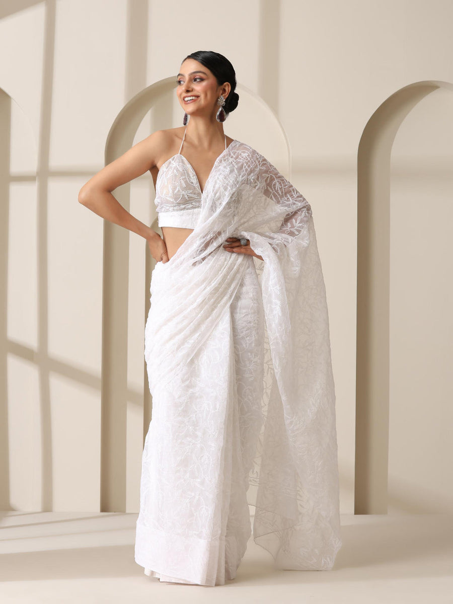 Tepchi Handwork Georgette Chikankari Saree White