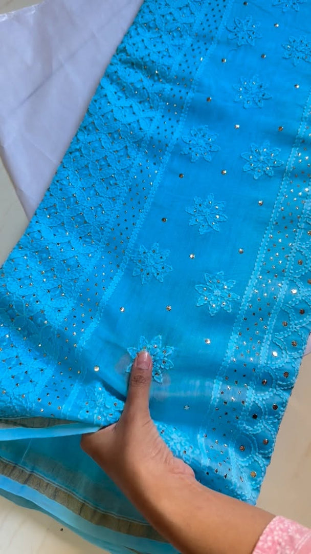 Madhuri Chanderi Silk Mukaish Saree. Sea-Blue