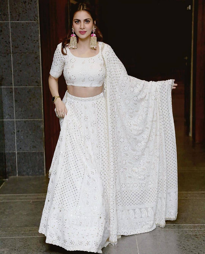 Master Piece Chikankari Lehnga, Dupatta & Blouse White Semi Stitched Ghera, Unstitched Blouse & Dupatta