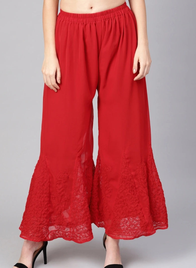 White Chikankari Sharara Bottom Red