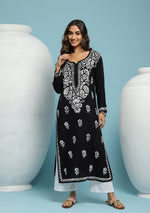Load image into Gallery viewer, Heer Rayon Long Chikankari Kurti Black
