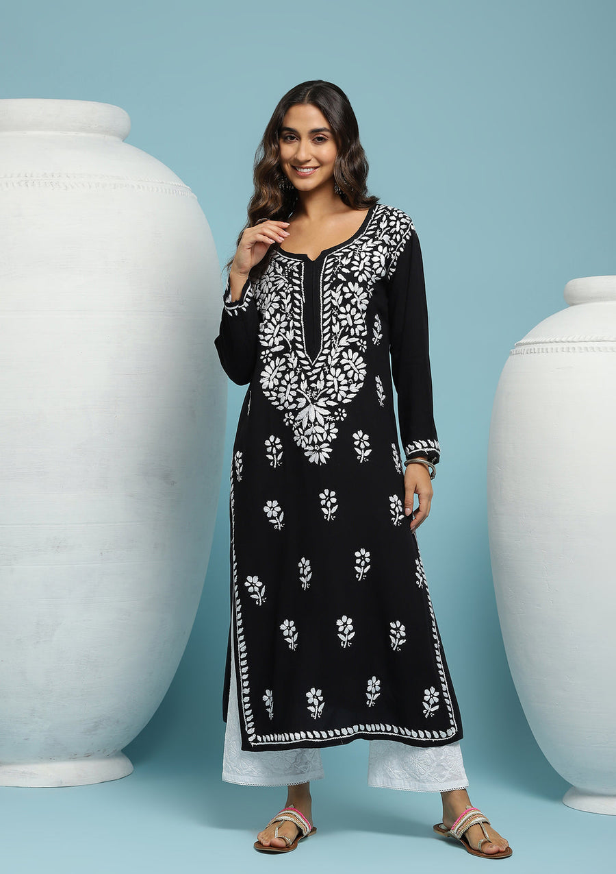 Heer Rayon Long Chikankari Kurti Black