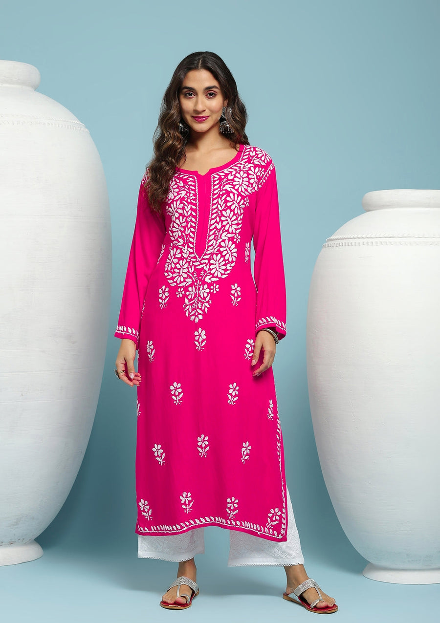 Heer Rayon Long Chikankari Kurti Hot Pink