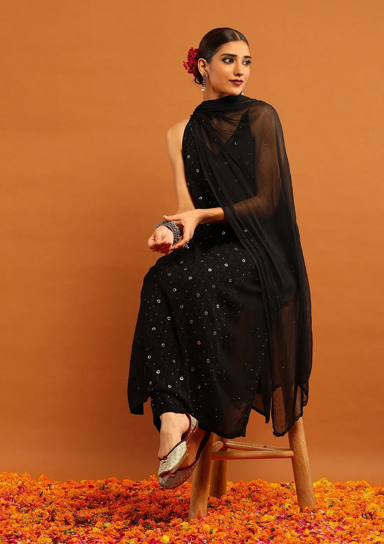 Anushka Styled Premium Strappy Chikankari Outfit Set Black