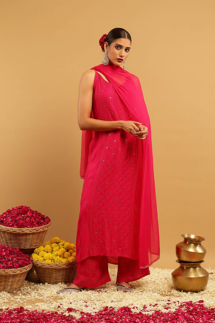 Anushka Styled Premium Strappy Chikankari Outfit Set Pink