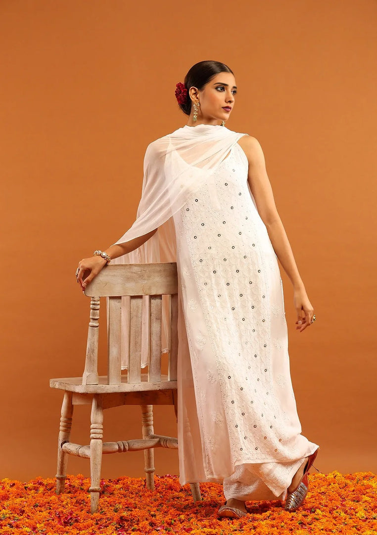 Anushka Styled Premium Strappy Chikankari Outfit Set White