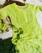 Load image into Gallery viewer, Nargis Viscose Premium 3D Chikankari Kurti Parrot Green
