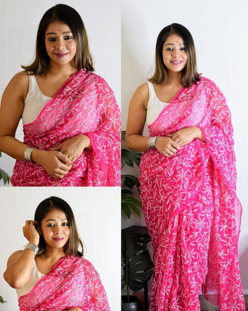 Tepchi Chikankari Sarees Rose Pink
