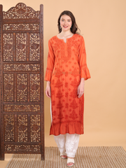 Madhuri Muslin Frill Chikankari Kurti Coral