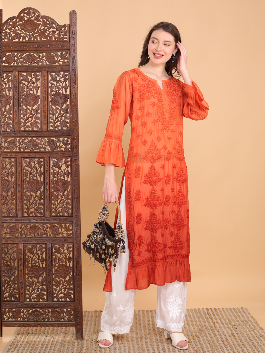 Madhuri Muslin Frill Chikankari Kurti