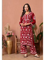 Load image into Gallery viewer, Gulfam Rayon Long Chikankari Kurti Set Maroon
